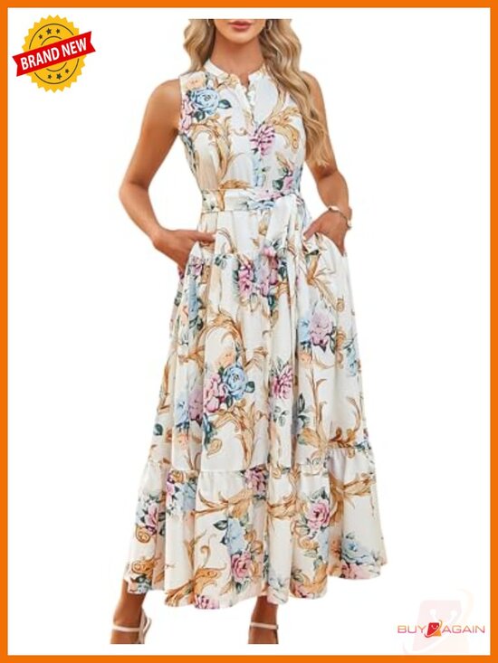 Dresses & Skirts - Sleeveless Floral Maxi Dress V Neck Hidden Button Down Pockets Vacation